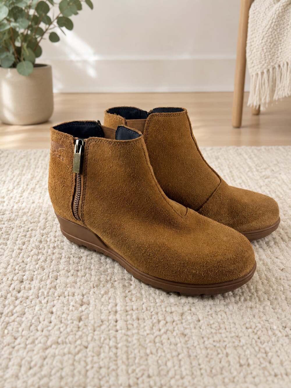 Sorel Evie II Suede Wedge Ankle Booties Brown Side Zip Women’s Size 8